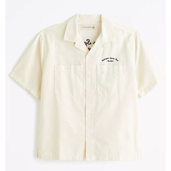 Abercrombie & Fitch Men's Cream Size M Camp Collar Workwear Embroidered Shirt - Picture 9 of 16
